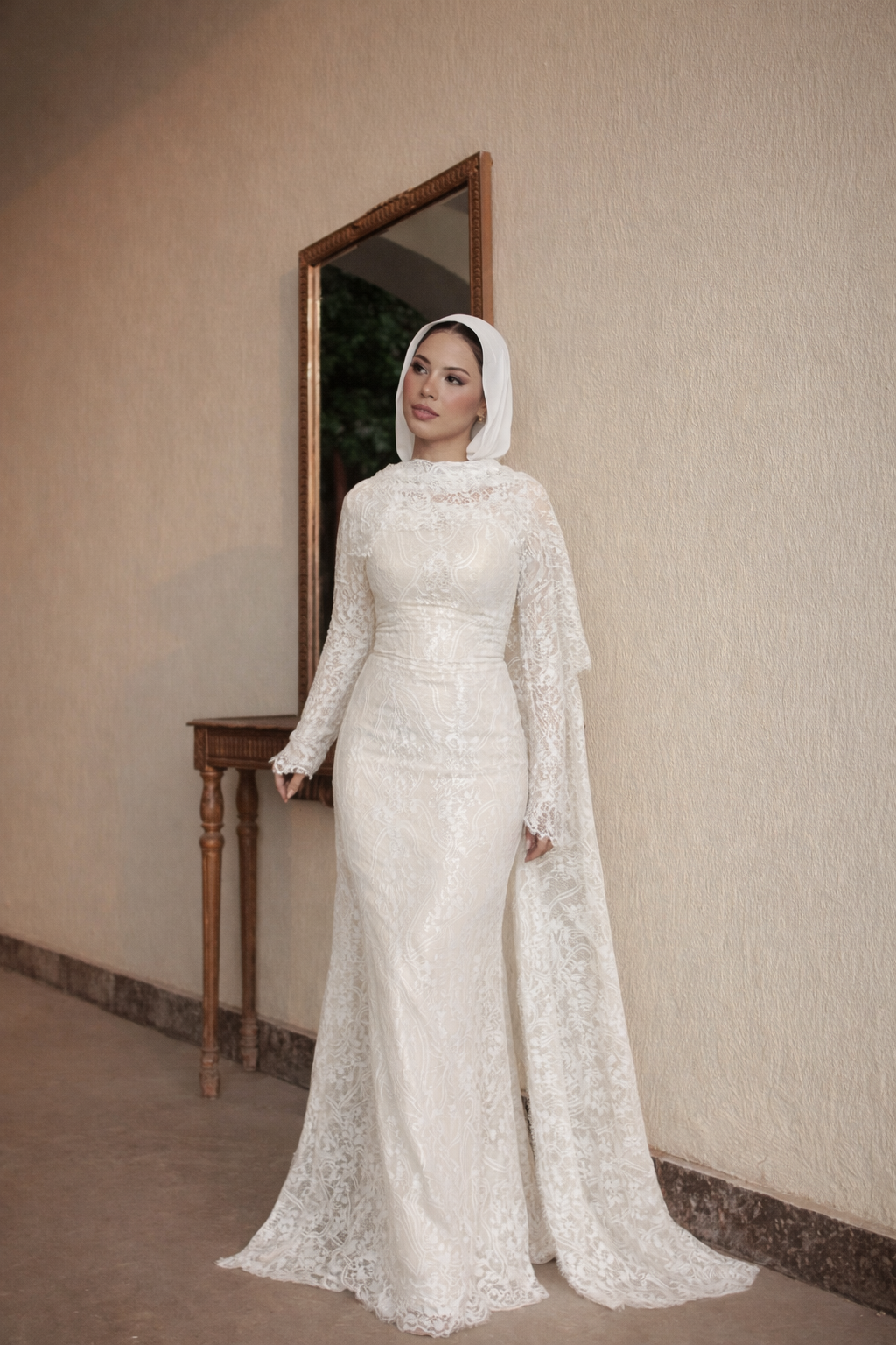 lace cape dress muslimah Islamic Bridal Dresses: Elegant Lace Muslim Wedding Gown with Cape & Long Sleeves